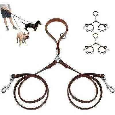Golden Double Leather Pet Double Dog Leads - Set of 2